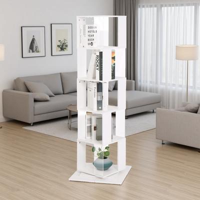 ZWYO HOSIMU "63""H 5-Tier Rotating Bookshelf - Wood Veneer & Acrylic Plate, Multi-Function Floor Rack with Anti-Toppling Base, Space-Saving"