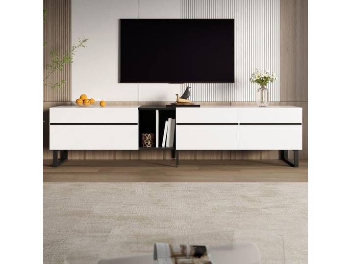 Meuble TV moderne 180cm-blanc - compartiments ouverts et double porte- Meuble TV minimaliste -meuble salon - d'espace de rangement