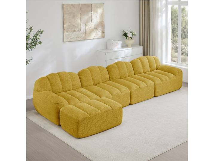 Canapé modulable 4 places avec ottoman jaune assise profonde mousse haute densité 32D tissu bouclé granulé