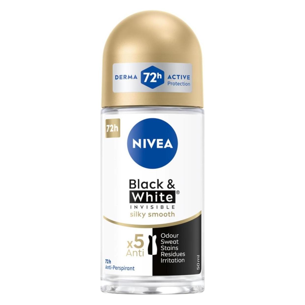 NIVEA Black & White Invisible Silky Smooth Antiperspirant Effective 5in1 Protection Against Sweating (Roll-on, 50 ml) (69671997)