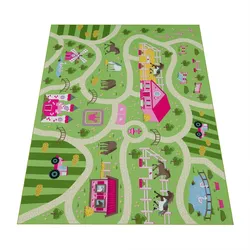 KINDERTEPPICH Waschbar, mit Bauernhof‐Straßen-Motiv, Grün, 120 x 160 cm