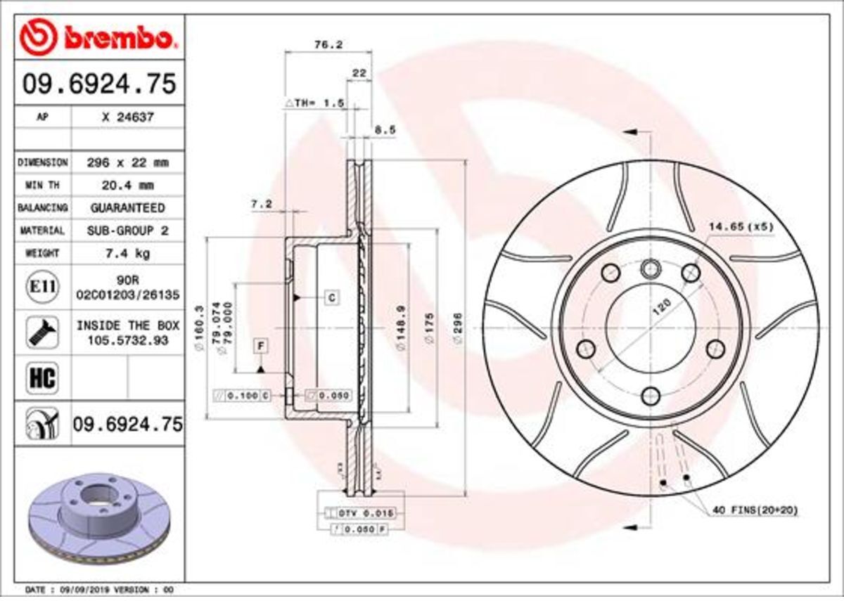 Bremsscheibe BREMBO 09.6924.75, vorne, geschlitzt, belüftet, 1 Stück