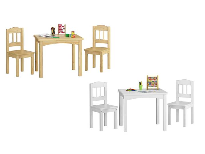 Kindersitzgruppe in Weiß oder Holzfarbe Massiv mit Tisch und 2 Stühlen