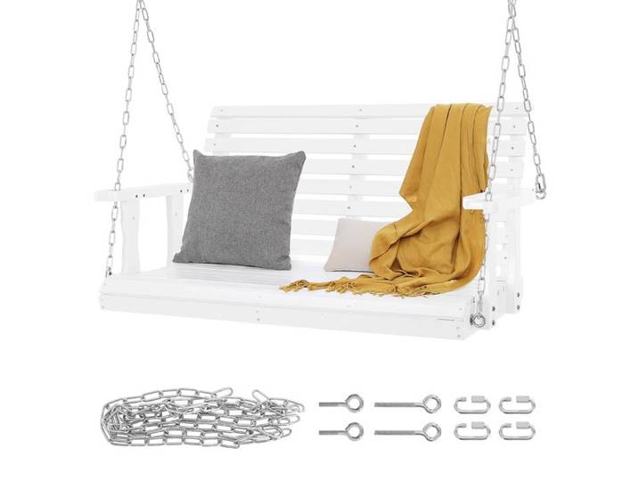 Balancelle de Porche - DUOKU - Banc de Balançoire - Bois de Cèdre - Blanc - 2 Personnes
