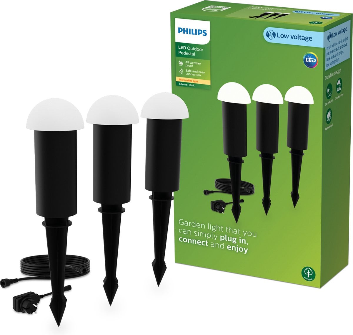 Philips Edwina GardenLink 3-pack LED tuinpadverlichting met spies, 24V, warm wit licht 2700K, zwart