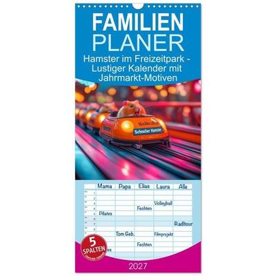 Familienplaner 2027 - Hamster im Freizeitpark - Lustiger Kalender mit Jahrmarkt-Motiven mit 5 Spalten (Wandkalender, 21 x 45 cm) CALVENDO