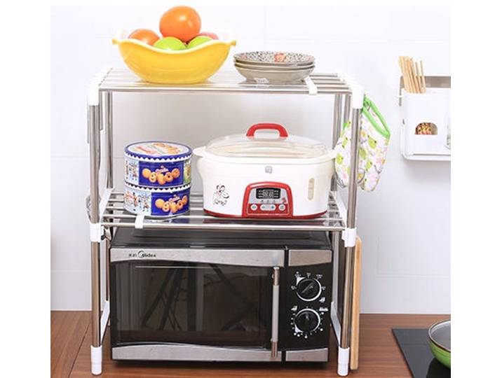 Dubbel laags keukenrek voor boven Magnetron - Keukenrekje - Uitschuifbaar 49-90 Cm - Magnetronrek - Keuken Opbergrek