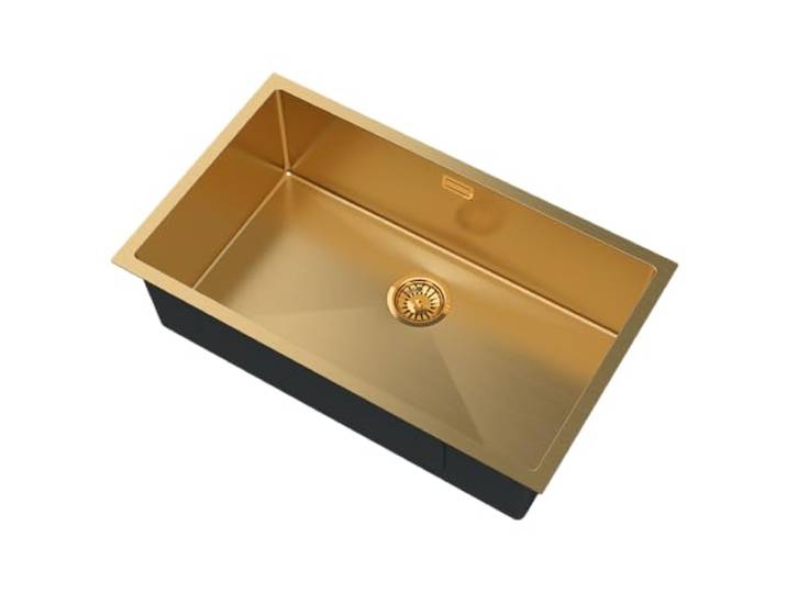 Granitan Spülbecken mit Siphon 44,7x74,8 cm, Einbauspüle aus Stahl Silvo75 Edelstahlspüle mit Hahnloch für Spülbecken, Gold