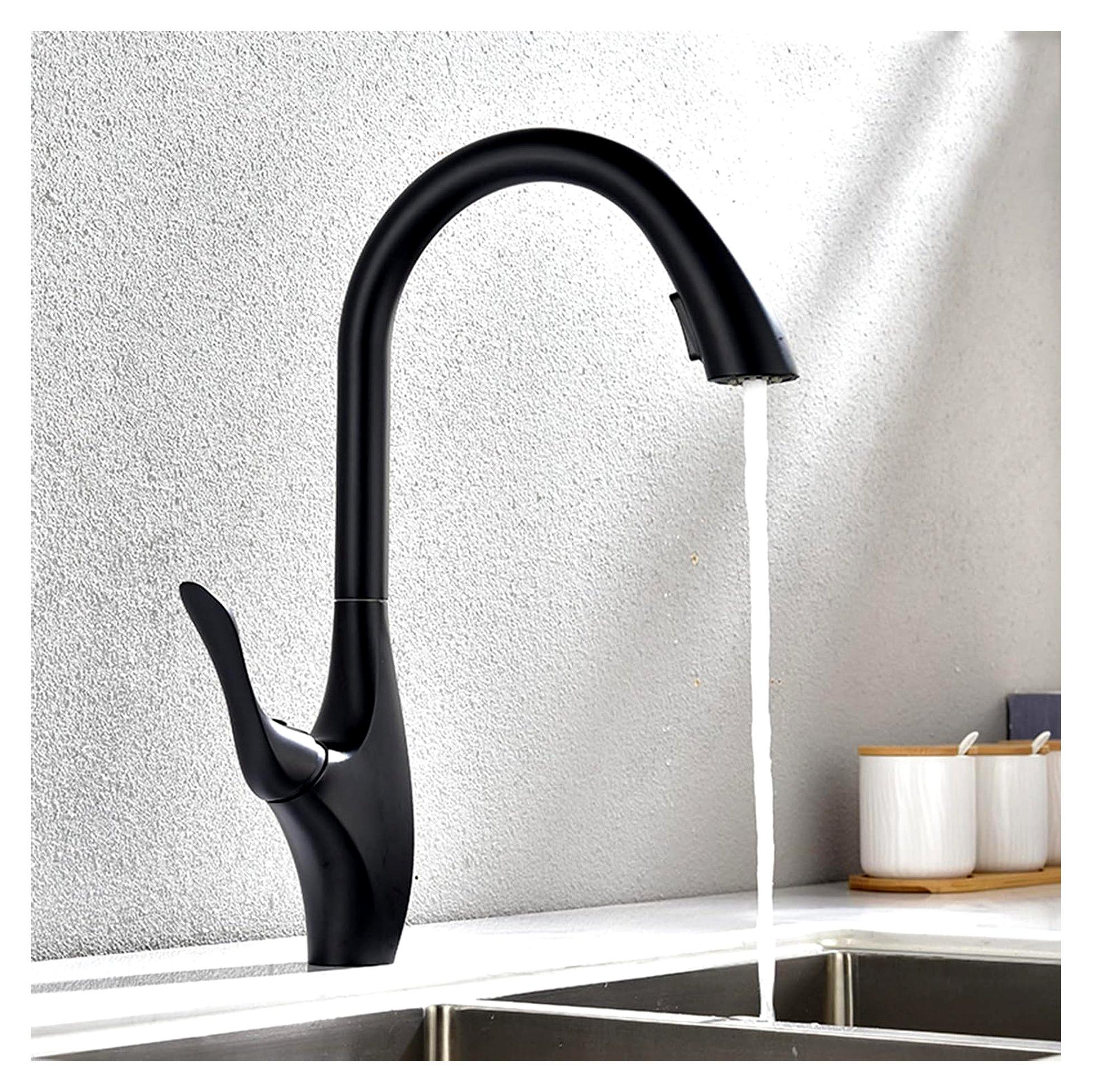 Schwarzer Küchenarmatur Soild Messing Spülbeckenarmatur mit ausziehbarem Doppelfunktionssprüher High Arc Einhand-Einloch-Mischbatterie for warmes und kaltes Wasser