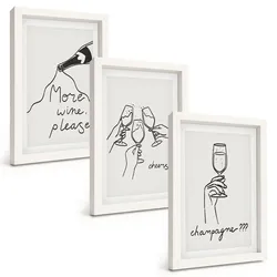 BILDER SET 3er Set - 20x30 cm Weißer Rahmen - Champagner-Wein-Linienzeichnung