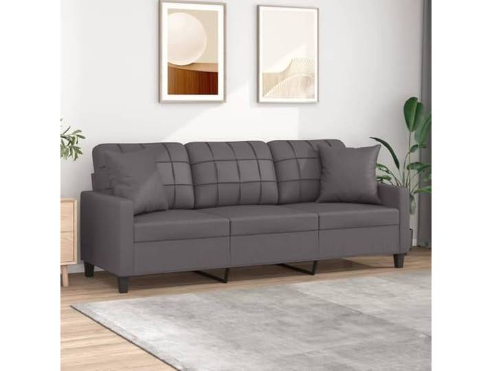 HEFZGDB 3-Sitzer Sofa Grau 180 cm Kunstleder Modernes Design mit Zierkissen Langlebiges Material Schmutzabweisend Einfache Reinigung Robustes Metallgestell Stabile Konstruktion Dick