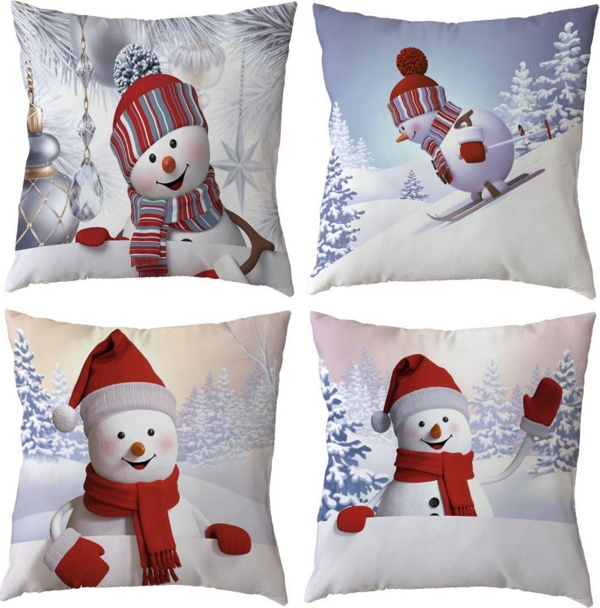 SUNMOOL Kerst Kussenhoes Sneeuwpop - Wit - 4 stuks - 45 x 45 cm