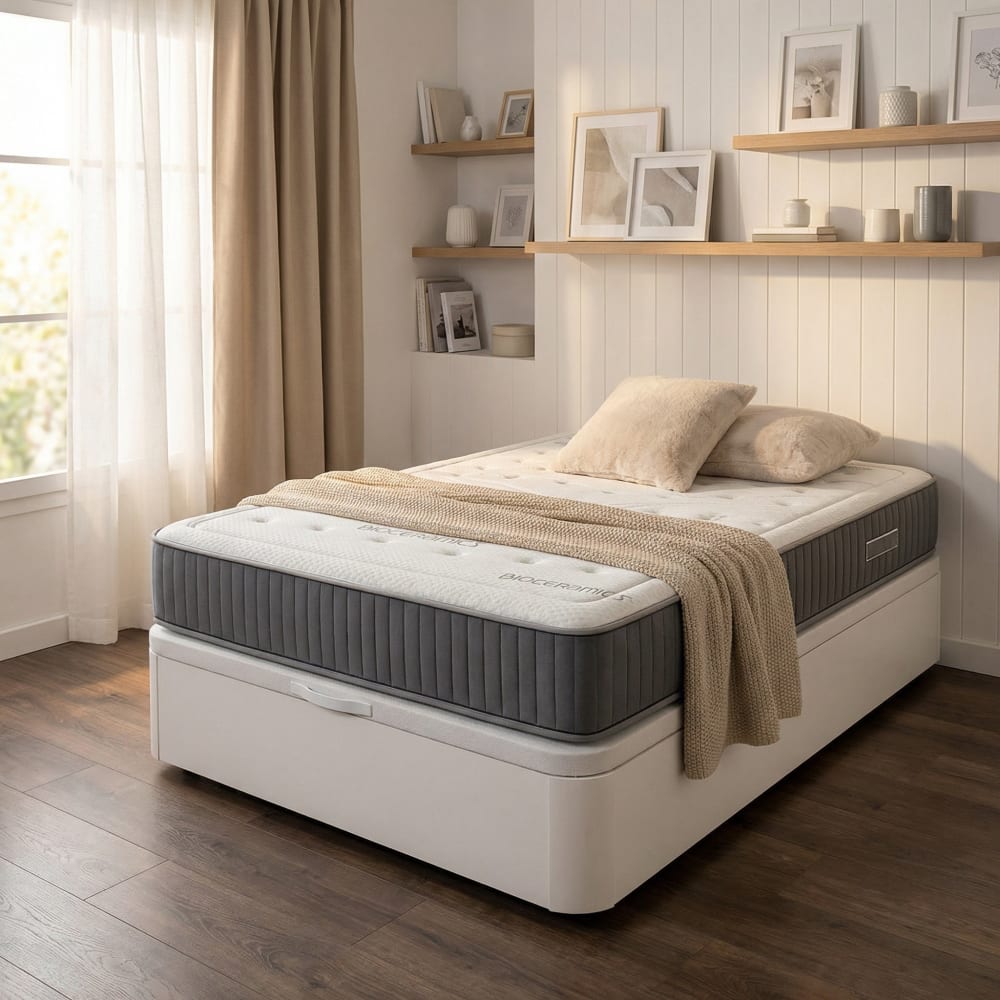 BEZEN Pack canapé madera blanco + colchón mandala 135x190 cm