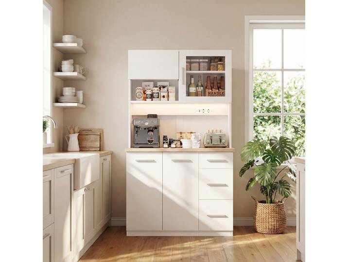 Armoire de cuisine Devoko avec prises LED et USB, armoire buffet avec tiroirs, armoire de rangement avec plan de travail, blanc