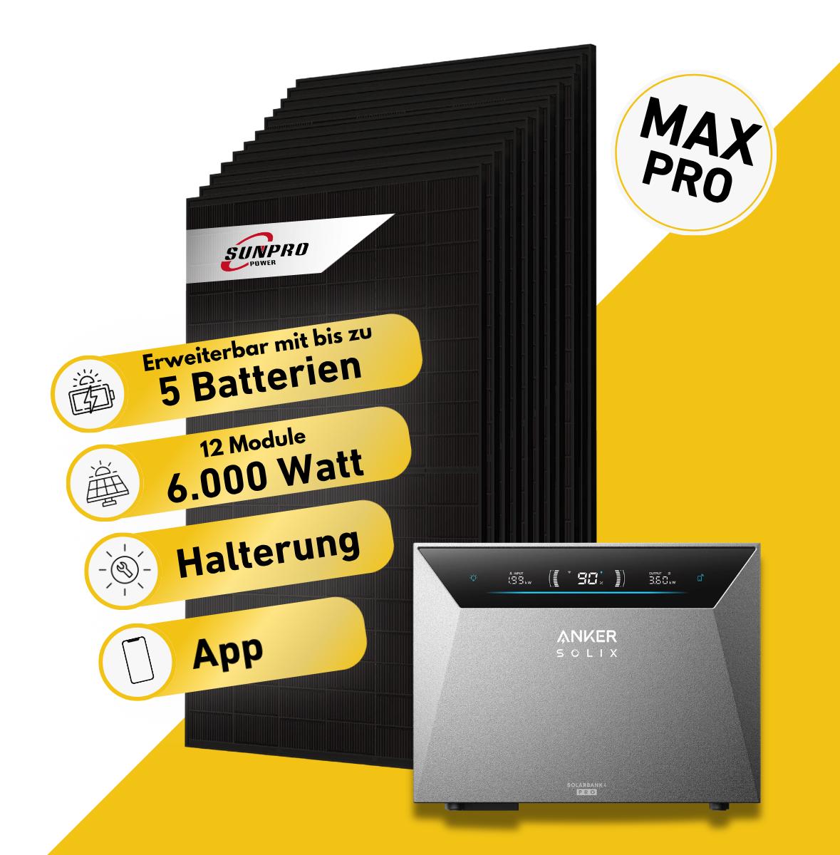 Balkonstrom Balkonkraftwerk 6000W Solaranlage mit Speicher | Balkonhalterung | 12x Solarmodul Bifazial | Anker Solix 4 Pro | Kabel 15m
