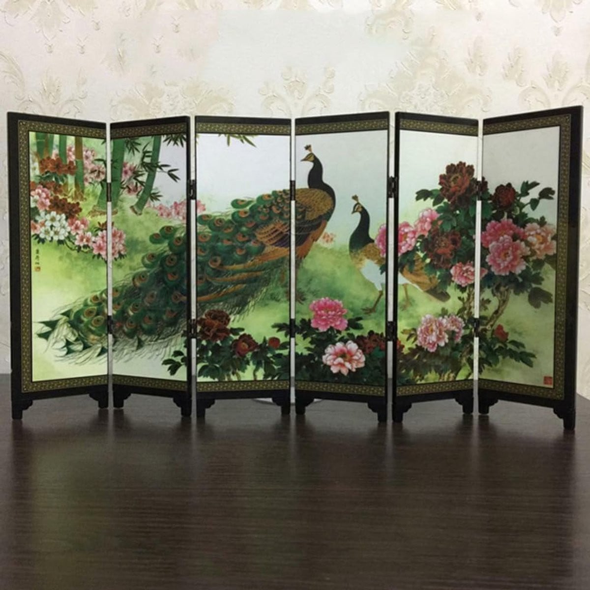 Multikleur Houten Pauw Scherm Kamerdivider met Traditioneel Ontwerp - 47 x 24 cm