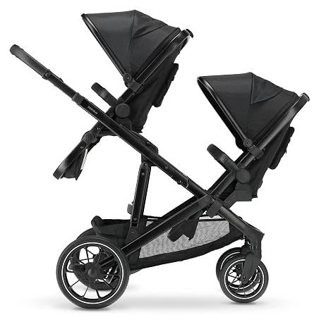 Evy V2 Kinderwagen für 2 Kinder - für Neugeborene, Kleinkinder & Kinder im Vorschulalter - Baby Buggy bis 50kg - Baby Wagen - Reise Kinderwagen 2 in 1 Komplettset - Schwarz+Sitz
