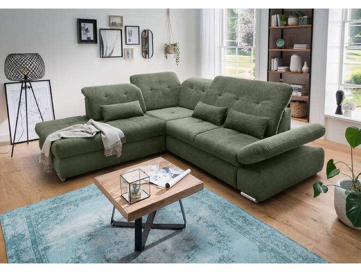 Ecksofa mit Ottomane & Funktion Grün Webstoff Jimin 280 x 86 x 254cm Ottomane davorstehend links mit Schlaffunktion Modern