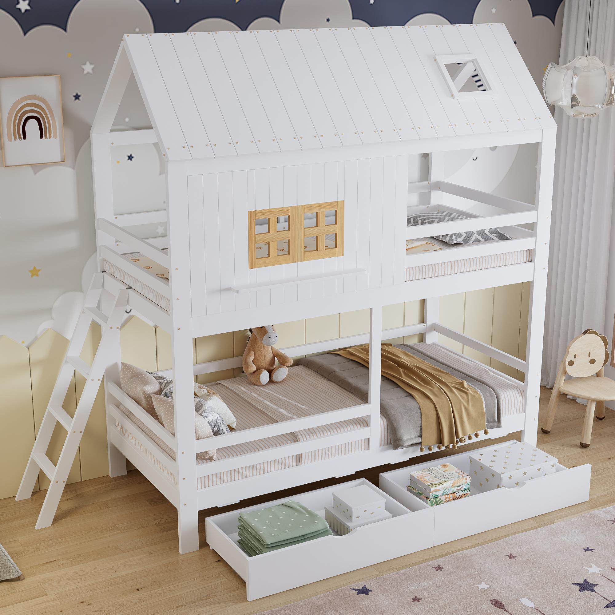 STILVORA Etagenbett 90x200 cm mit zwei Matratze Bettgestell mit Fenster und Dach im Hausdesign, Kinderbett mit zwei Schubladen, Holzbett mit Lattenrost und Leiter, Weiß/Natura