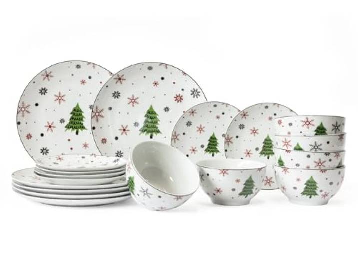 Cookinglife Weihnachtsgeschirr-Set Rot 18-teilig (für 6 Personen) – Hochwertiges Keramik-Geschirr mit Weihnachtsbaum-Motiv, Spülmaschinengeeignet, Festliches Tafelservice für Weihnachten