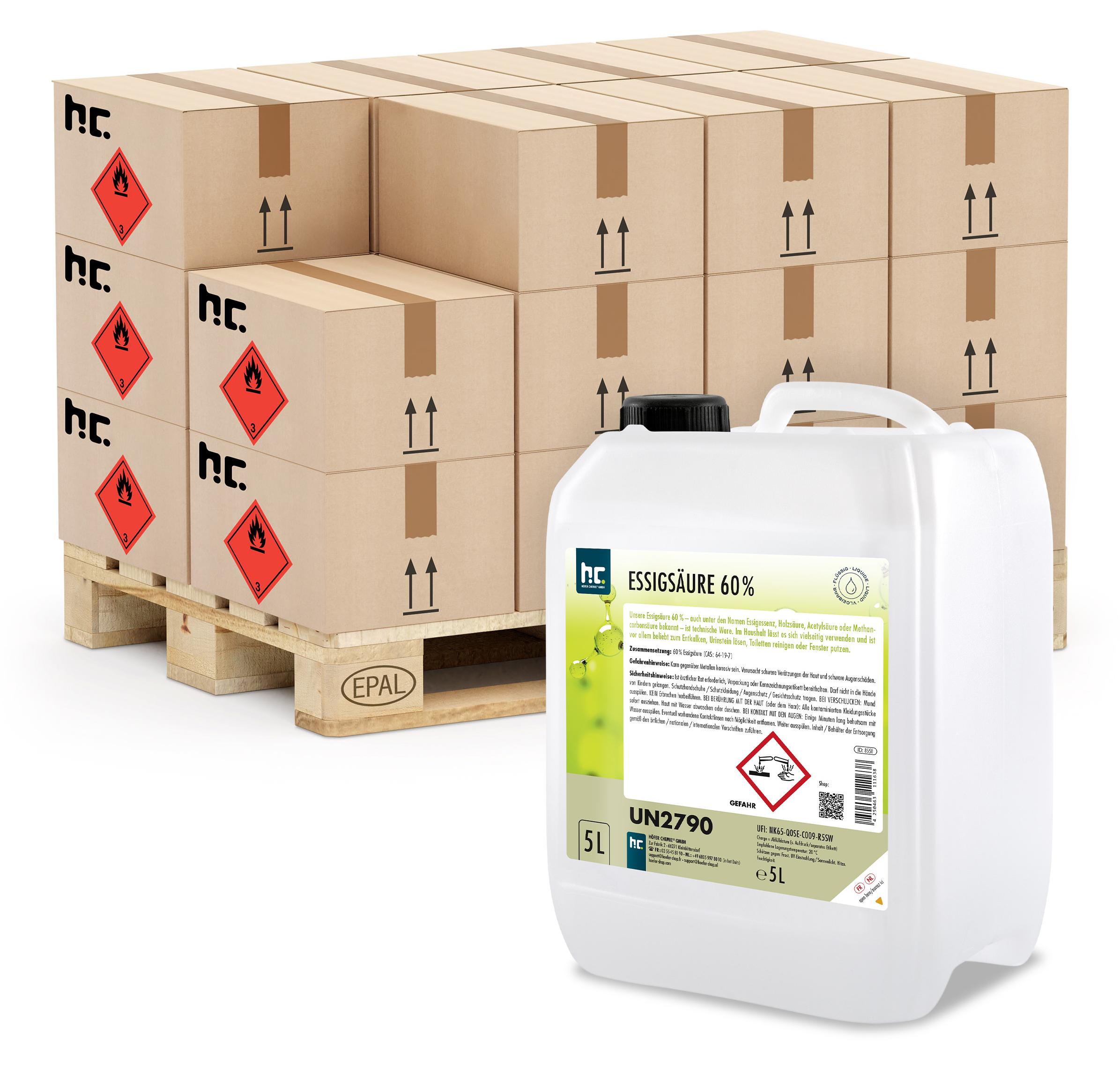 96x5 L Höfer Chemie hochprozentige Essigsäure 60% zur Entkalkung und Reinigung von Haushaltswaren, in Kanistern