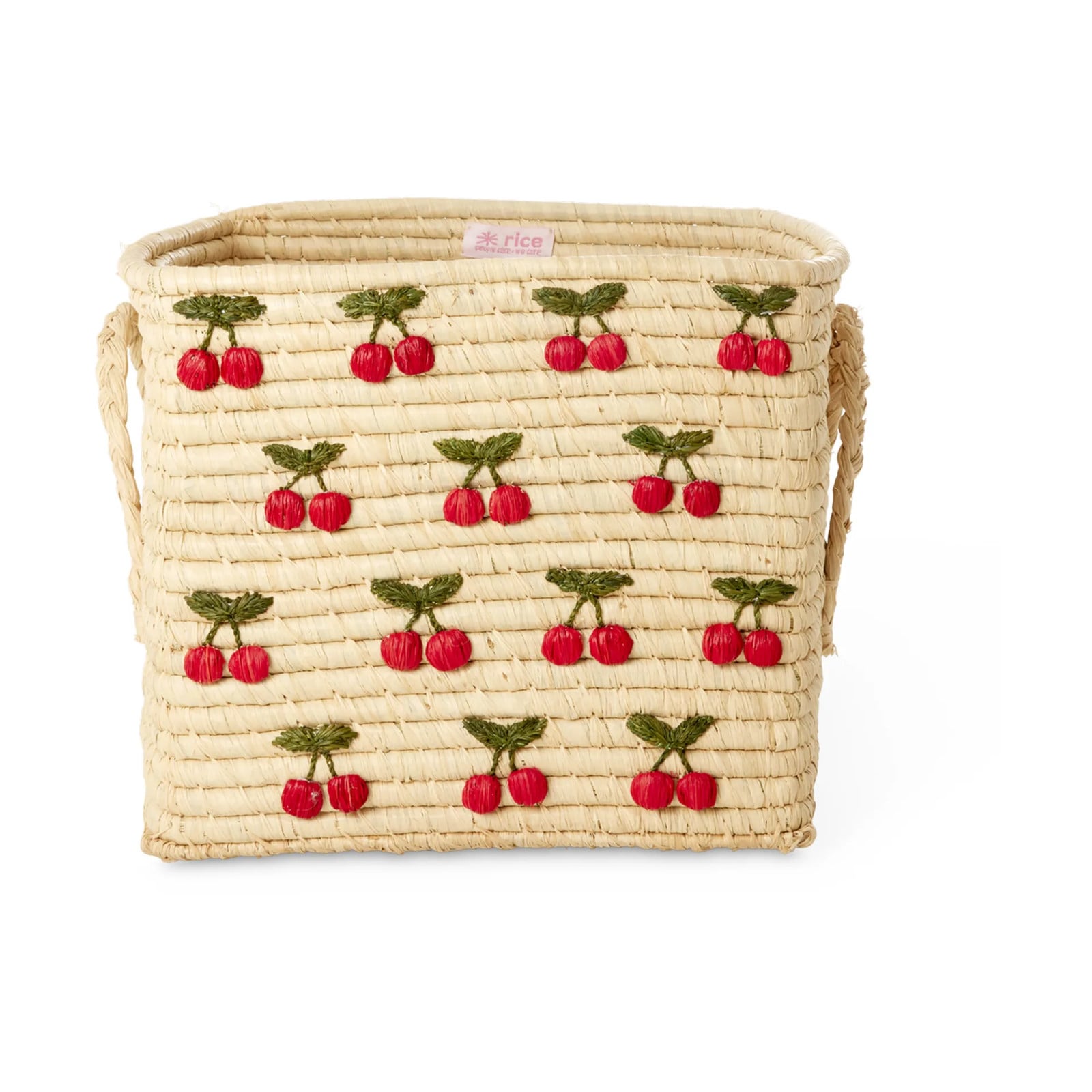 RICE Raffiamand met handvat Kers, 30 x 30 cm