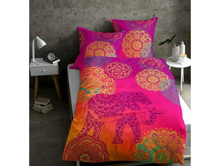 sister s. Renforcé-Bettwäsche Noida absolut hip Mandalas Ornamente Glücks-Elefant orientalische Farbenpracht,violett-türkis-orange, 155x220 cm