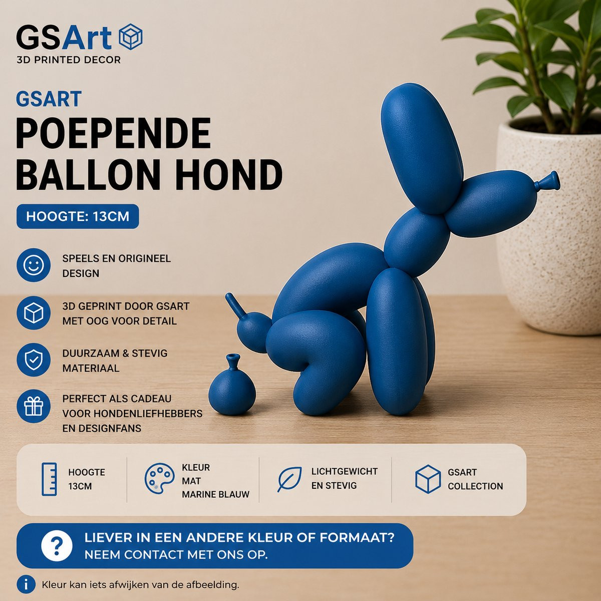 GSArt Decoratief Beeld Poepende Ballon Hond - Mat Marineblauw - 13 cm