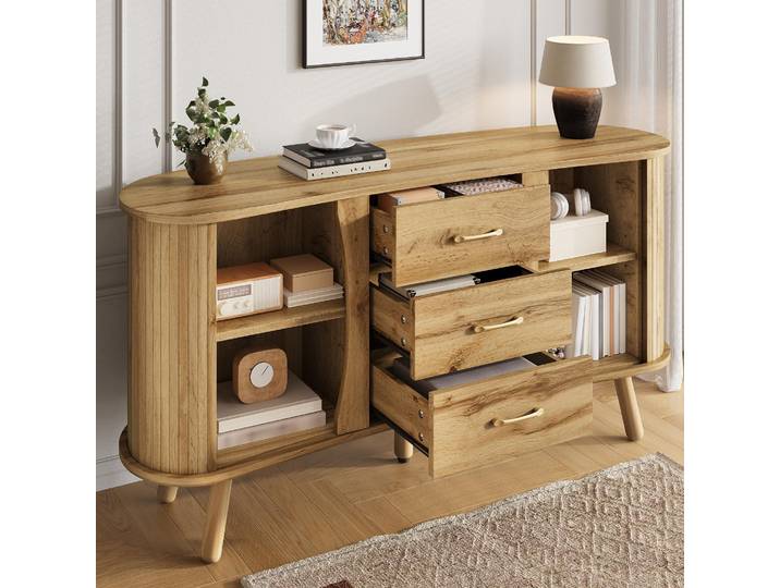 STILVORA Sideboard mit Rillenoptik und 2 Schiebetüren + 3 Schubladen, Kommode mit höhenverstellbaren Fächern und Massivholzbeinen, Aufbewahrungsschrank im skandinavischen Stil