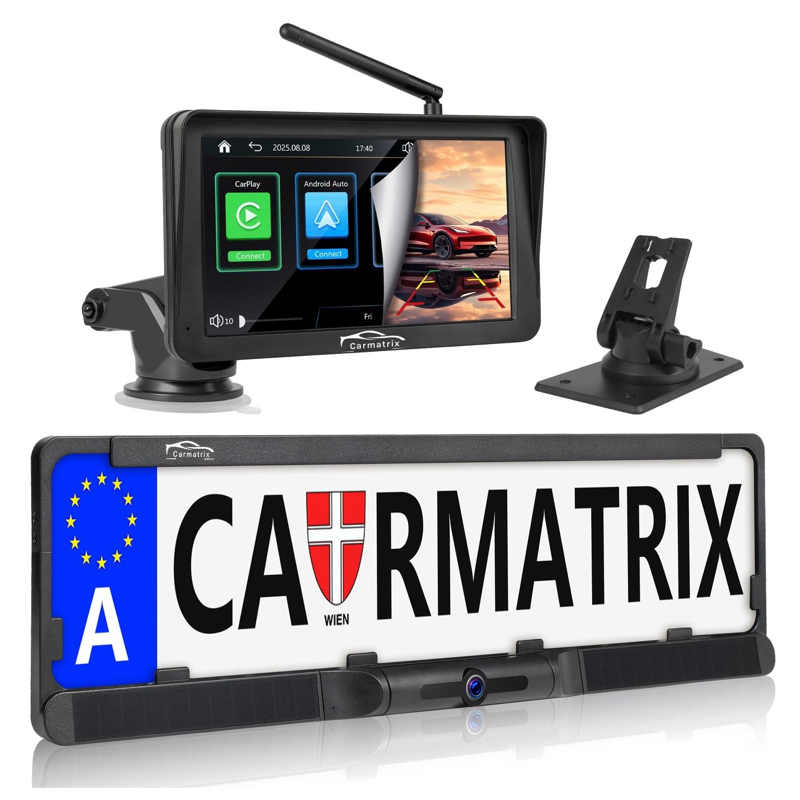 CARMATRIX Solar Rückfahrsystem mit Android Auto und Apple CarPlay, GoogleMaps, YouTube
