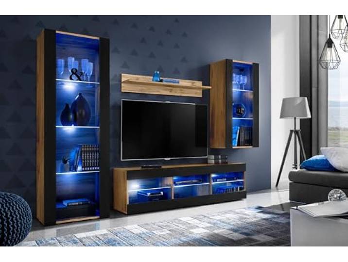 Komodee Wohnwand TV Tivoli Medio A1 Schwarz/Wotan 245x159x35 cm Wohnwand Tivoli Medio, Schwarz/Wotan, Breite 245cm x Höhe 159cm x Tiefe 35cm, LED Blau, für Wohnzimmer