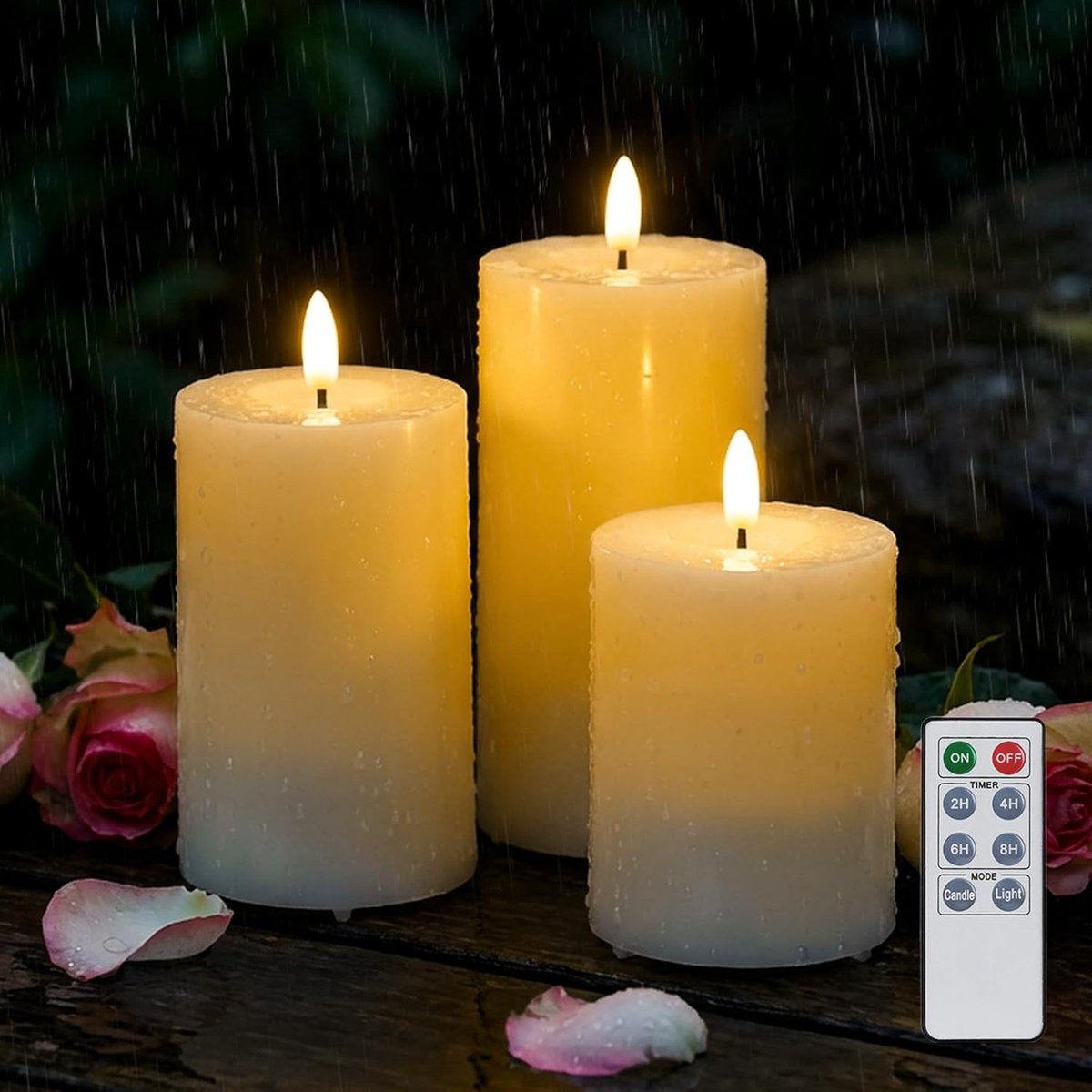 LED kaarsen set vlamloze decoratie IP44 waterbestendig in 3 maten - Ivoor