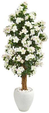 Nearly Natural 5' Azalea Artificial Tree in White Planter