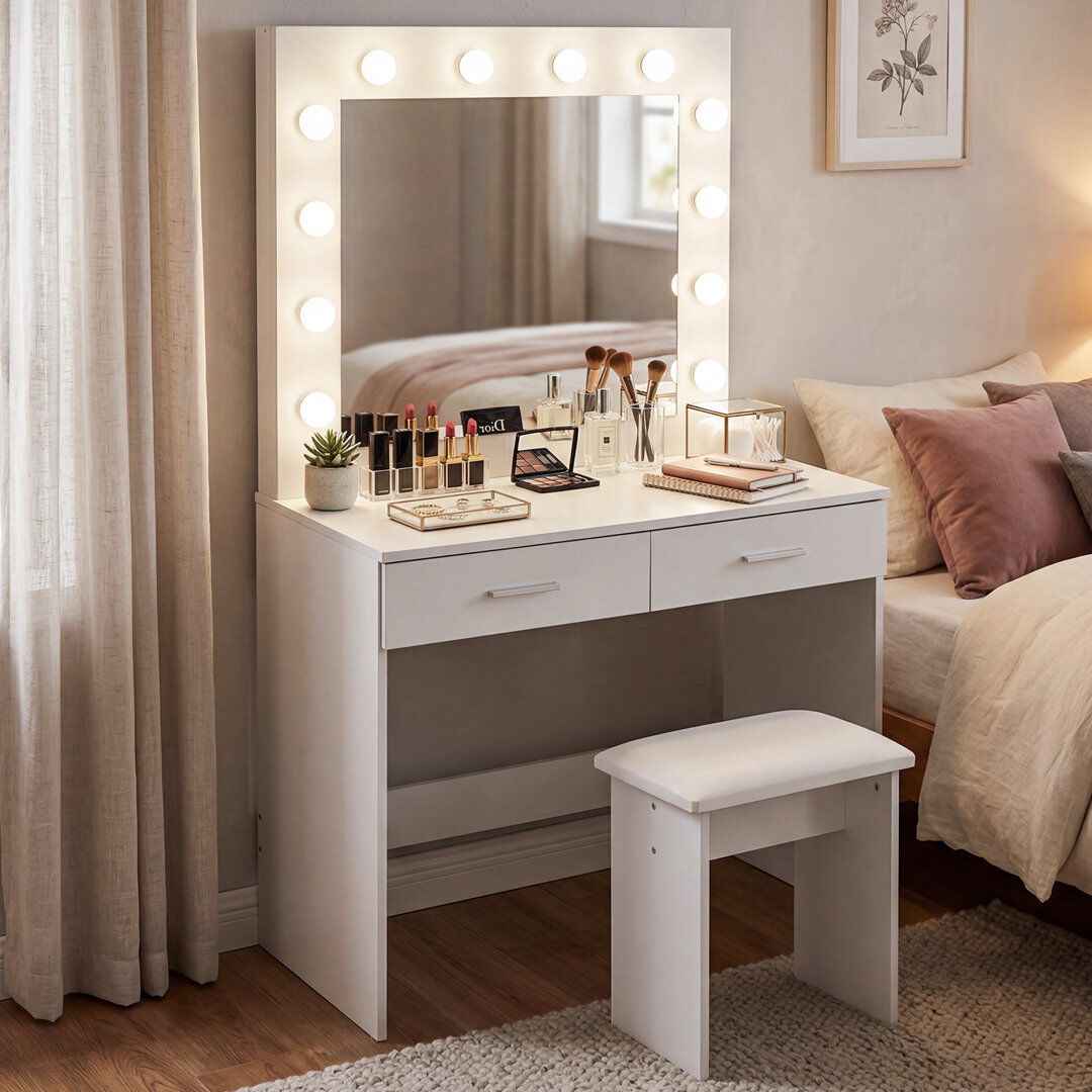Hashtag Home Thurston Dressing Table with Mirror and Seat and Storage Included White 138cm H X 79cm W X 38cm D