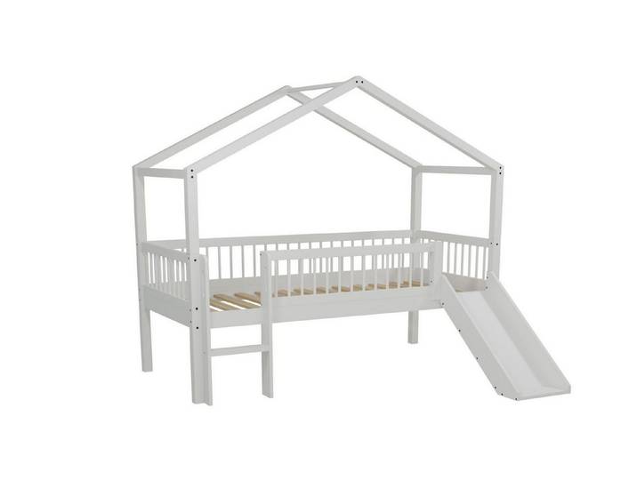 58 aufm Kessel Kinderbett Hausbett halbhoch 90x200 Keeley Buche Rutsche Dach Weiß (inkl. Versand, Lieferung bis Verwendungsstelle), Spielbett im Hausdesign mit Rutsche als Spielplatz im Kinderzimmer