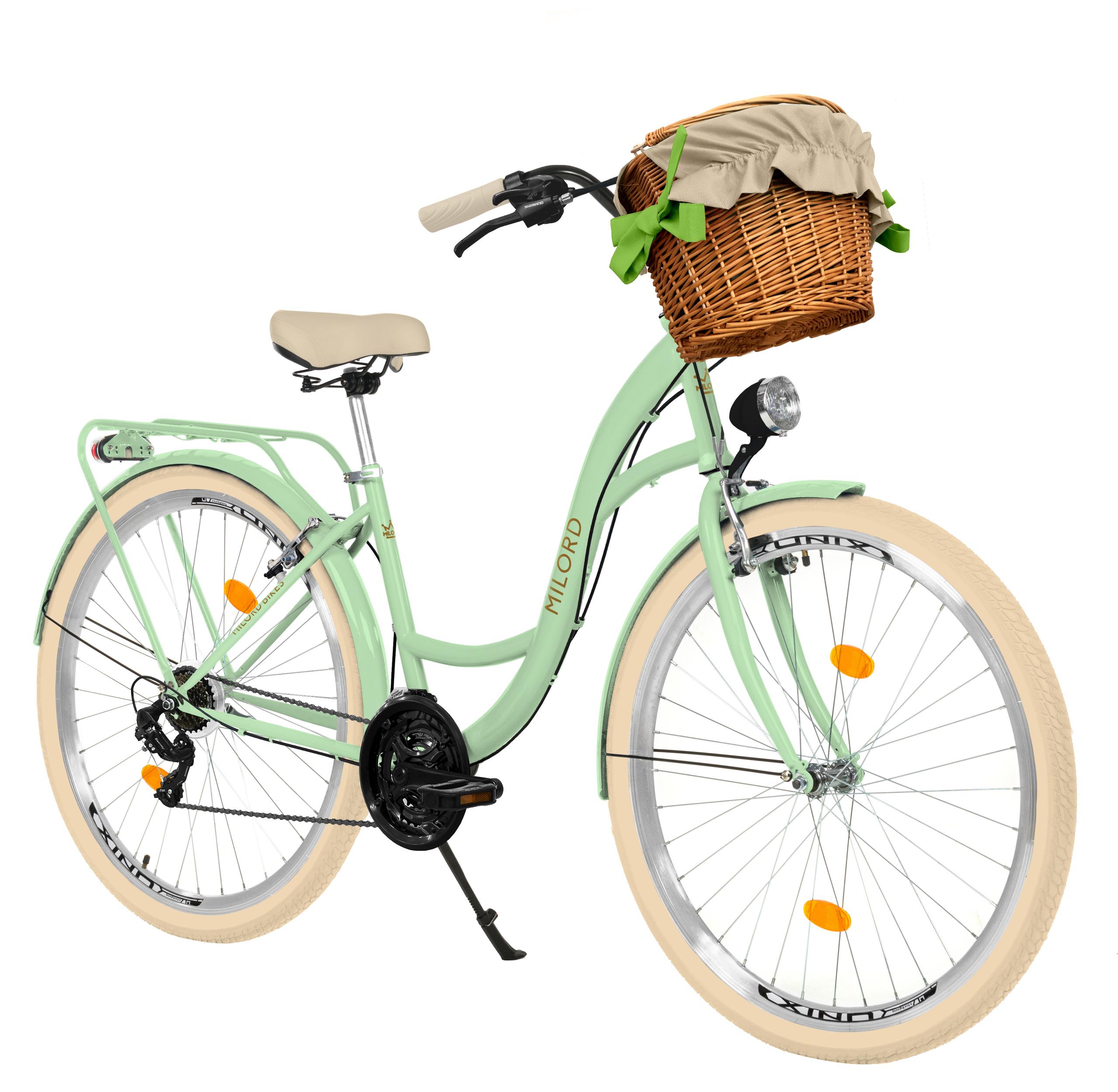 MILORD Damenfahrrad Citybike Komfort Mit Weidenkorb Hollandrad Fahrrad, 26 Zoll, 21-Gang, Grün-Creme