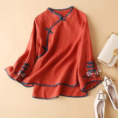 Lush Living Finds 2023 New Spring Womens Shirt, Chinese Style, Artistic Embroidery, Loose Fit, V Neck Top, Fashionable Clothes For Women xxxl j215 Orange