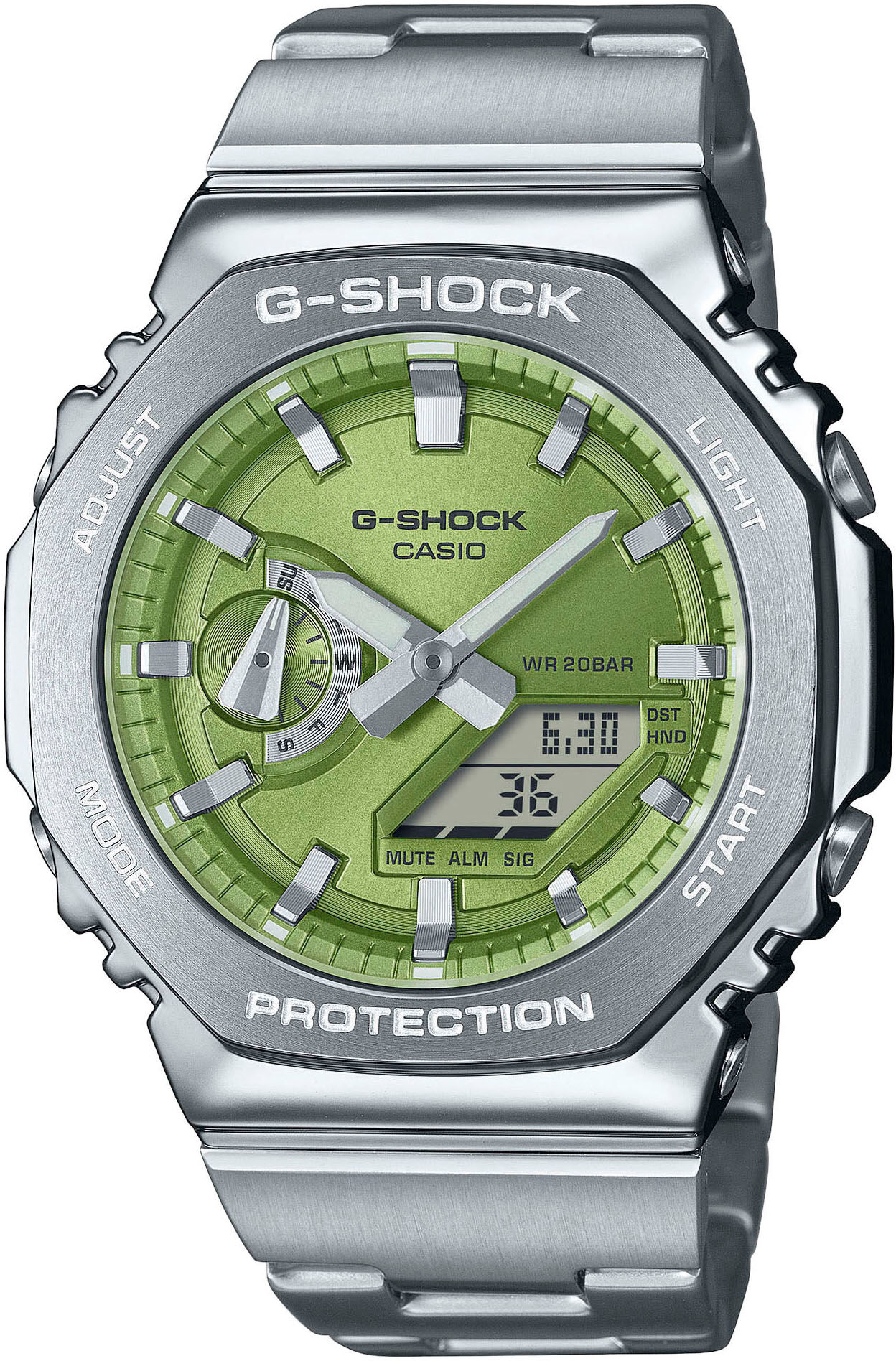Chronograph CASIO G-SHOCK, silber (silberfarben, lindgrün, grün, grau), Armbanduhren, Herren, silberfarben, Chronograph, Quarzuhr Armbanduhr,Herren,digital,bis 20bar wasserd.,Edelstahlarmband