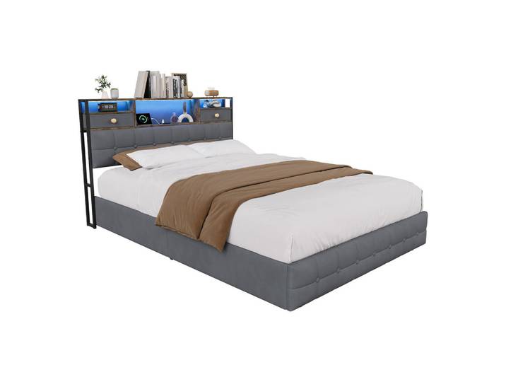 Shopentra Polsterbett 140x200cm grau mit Led, Grau, Holz, Schlafzimmer, Betten, Polsterbetten