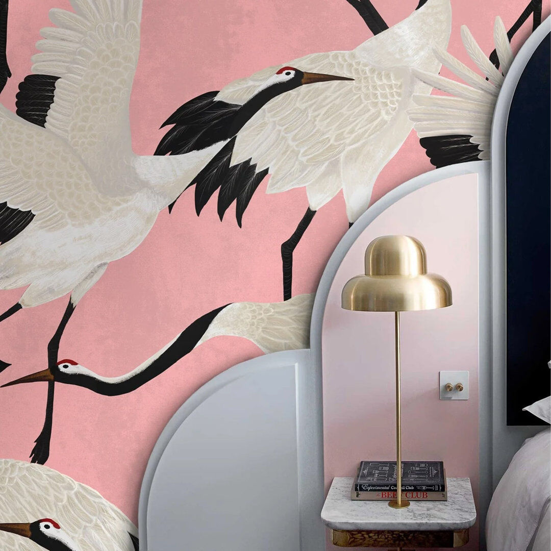 Highland Dunes Abhay Pink Heron Print Wallpaper Pink/Ivory/Black 250cm L