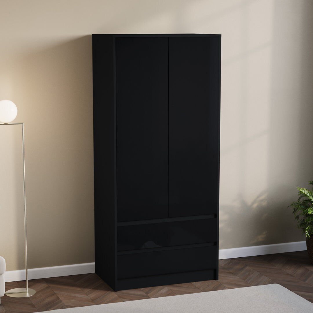 17 Stories Oslo 2 Door 2 Drawer High Gloss Wardrobe, (FSC 100%) Bedroom Home Clothing Storage Furniture Black 170cm H X 76cm W X 53cm D