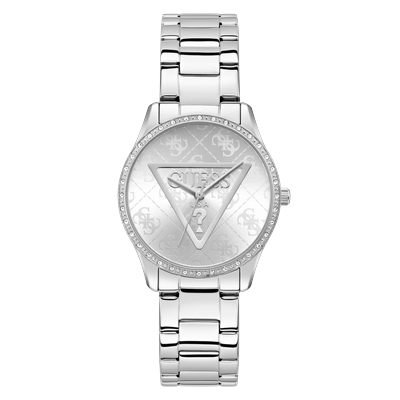Quarzuhr GUESS "ROXY", silber (silberfarben, silberfarben), Armbanduhren, Damen, silberfarben, Quarzuhr, Armbanduhr, Damenuhr, Edelstahlarmband, Kristallglas