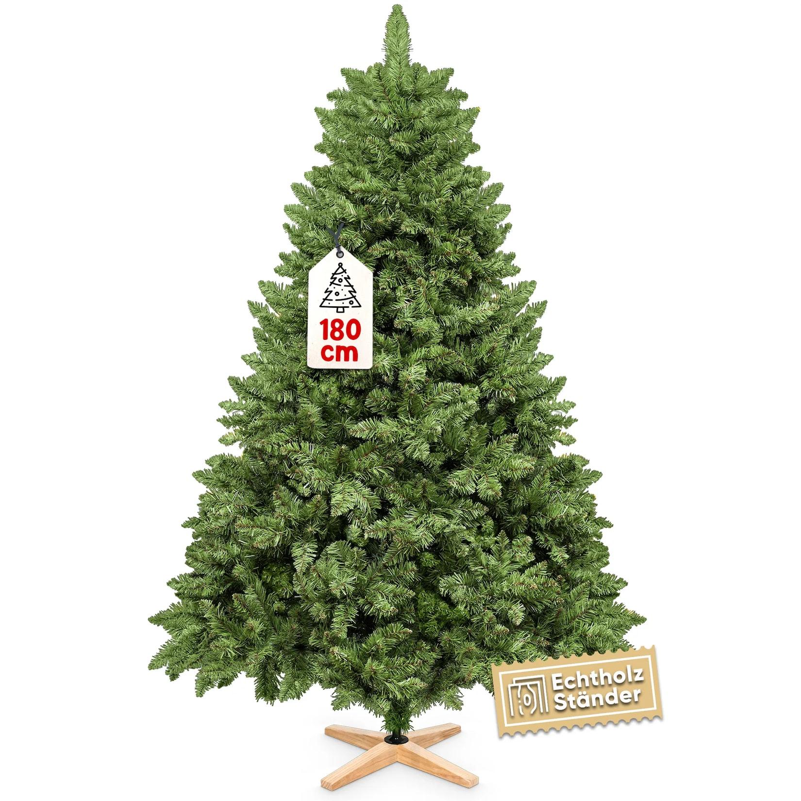 VESKA Weihnachtsbaum künstlich 180cm - mit Holzständer, Nordmanntanne, Künstlicher Tannenbaum, Naturgetreu, dichte Zweige ohne LED