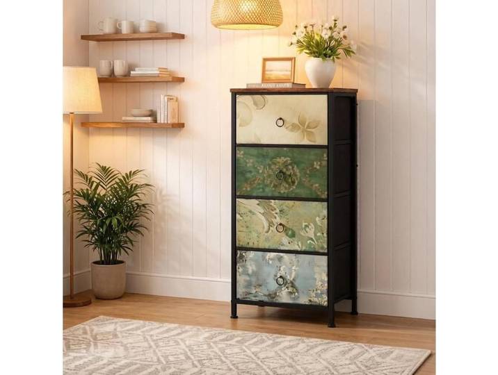 Commode Vintage 4 Tiroirs en Tissu Multicolore Structure en Métal et Bois - YEAVIO - Chambre Entrée 45×30×95 cm