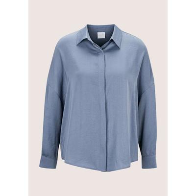 Hemdbluse MADELEINE "Bluse Hemdbluse mit Matt-Glanz-Effekt", Damen, Gr. 38, blau (rauchblau), Modern, regular fit, V-Ausschnitt, Blusen Hemdbluse