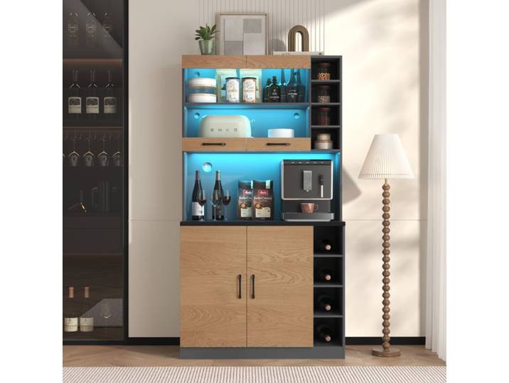 Buffet cuisine bois naturel gris LED trous cable 100x47x187 cm rangement micro-onde freistehend