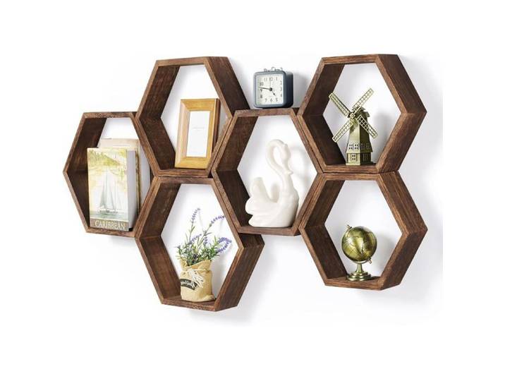 Set de 6 étagères flottantes hexagonales en nid abeille en bois à suspendre au mur pour chambre salon Marron 6 Pack