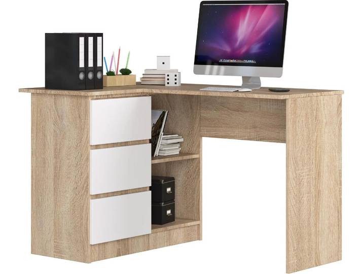 Akord Bureau D'angle 3 Tiroirs Gauche Chêne Sonoma/Blanc 124X85X77
