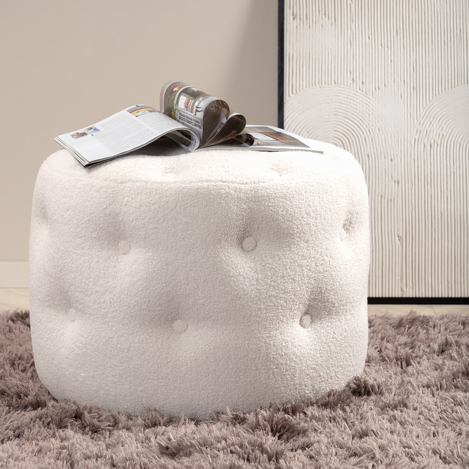 home24 Poef Benjamin wit/beige boucle textiel Diameter: 55 cm