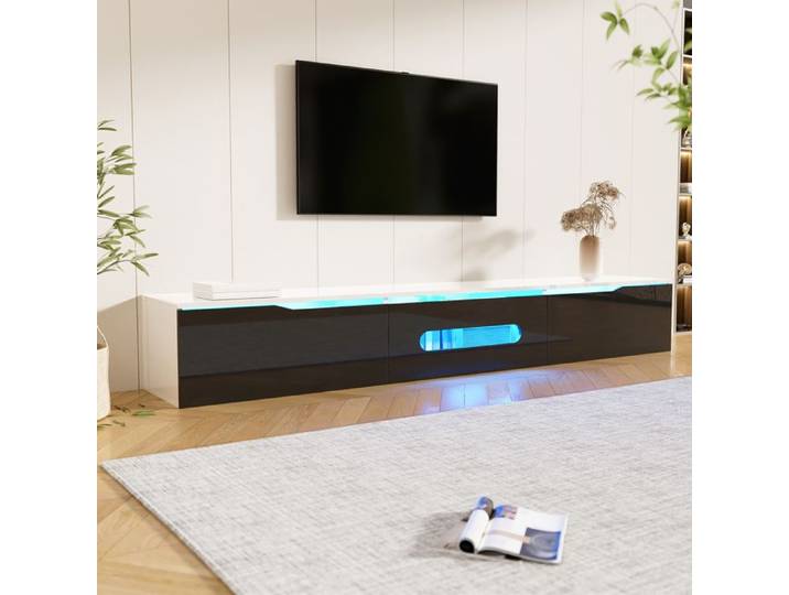 Meuble TV Suspendu 180 cm Noir et Blanc Laqué Banc TV avec LED Bluetooth et Rangement – Norevia